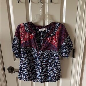 LOFT Navy Floral Patchwork Blouse with Red Accents